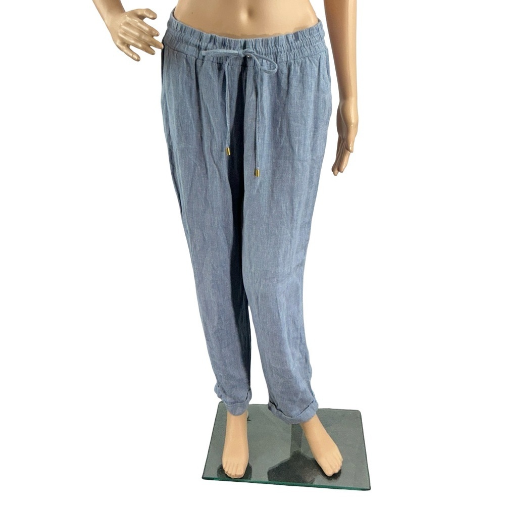 Ellen Tracy Linen Drawstring Pants Blue Casual Summer Size M